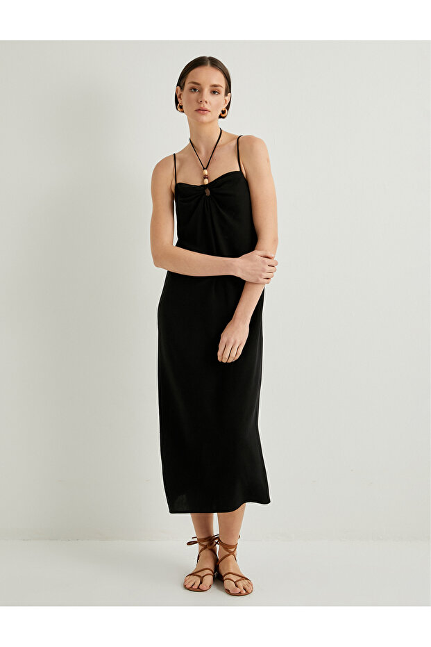 Keten Karışımlı Elbise Midi Boy Askılı Boncuk Detaylı Slim Fit - 1