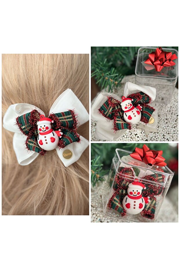 Luxury New Year's Gift Fancy Boxed Velvet Glitter 3D Christmas Snowman Bow Buckle White