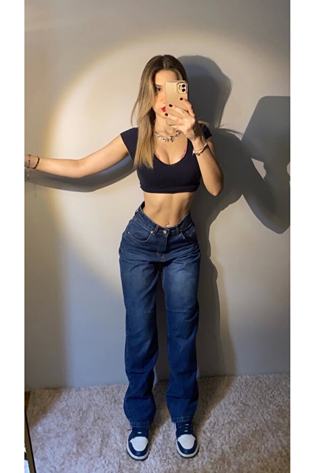 Dark Denim Fabric Basic Wide Leg Jeans - 1