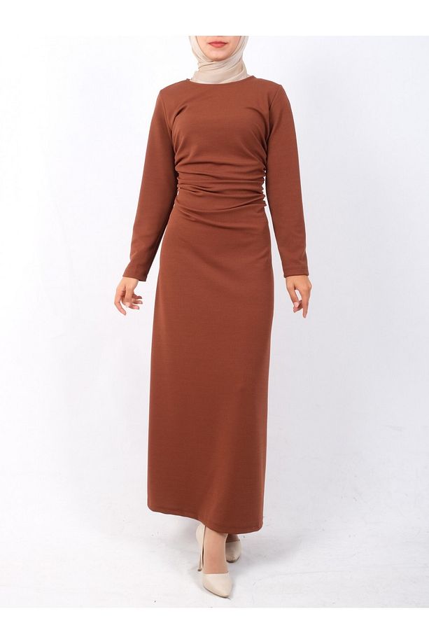 Belden Büzgülü Örme Krep Likralı Elbise -taba - 4