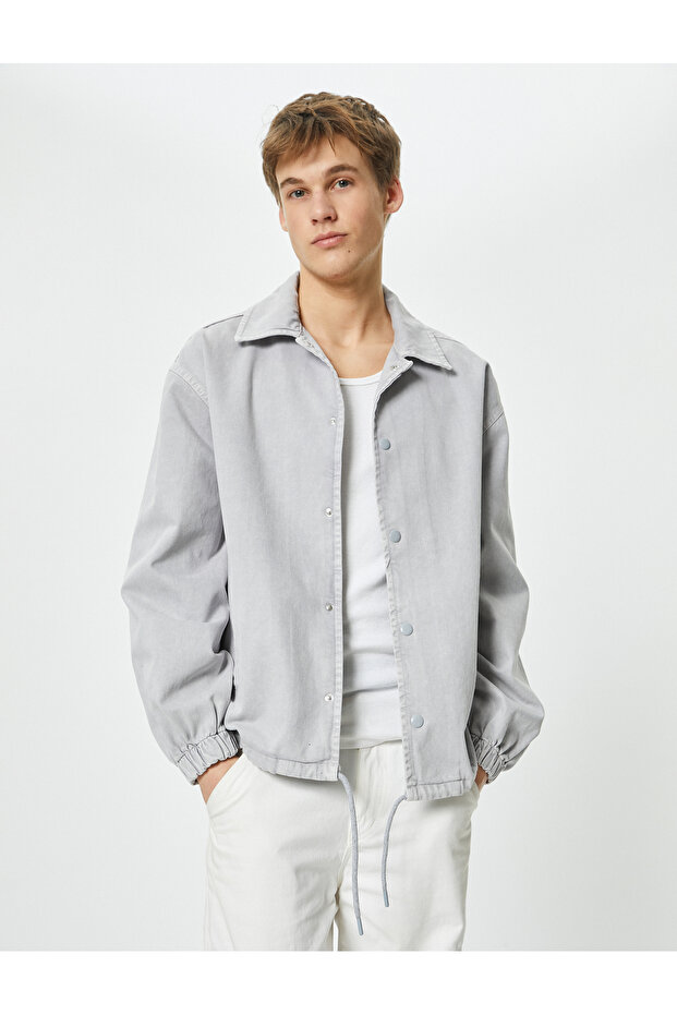 Denim Jacket Classic Collar Snap Button Pocket Lace-up Waist