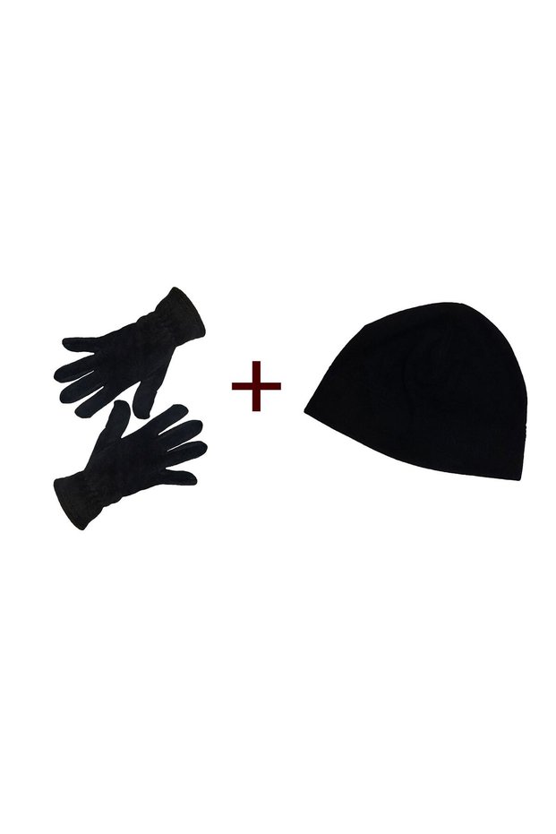 Men's Black Fleece Beret Gloves Thermal Winter Fleece M-l Gloves Beanie Hat Set of 2 Suit