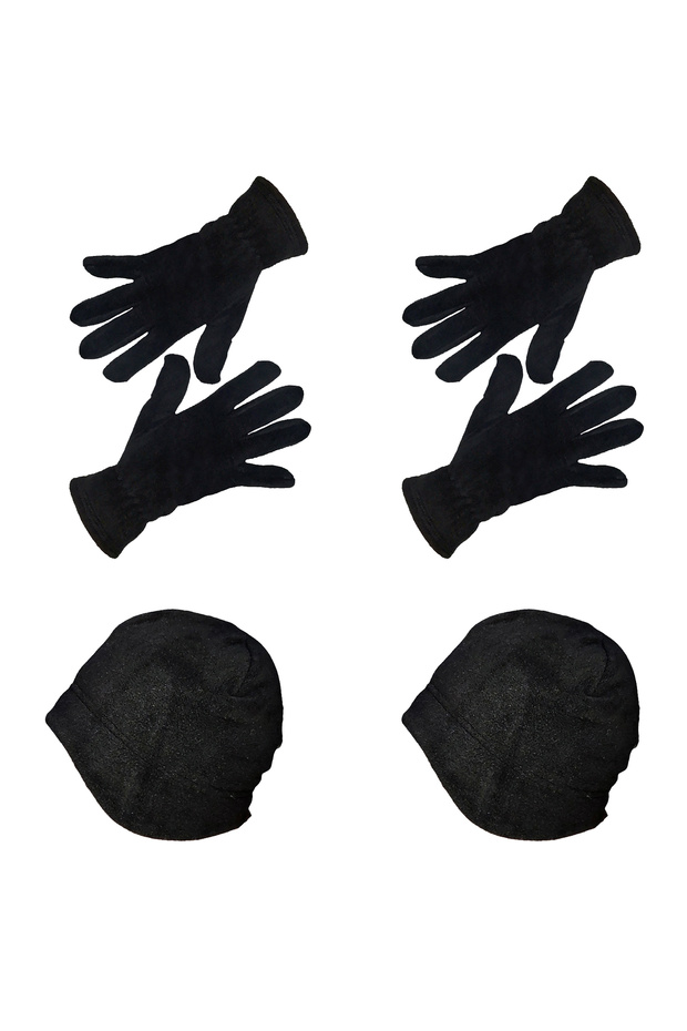 Men's 4-Piece Double Layer Beret Fleece Black Winter Gloves with Ears Beanie Head Scarf Set Set Thermal