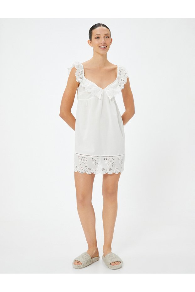 Nightgown with Scallop Detail, Ruffled Cotton, Below the Knee, Loose Fit
