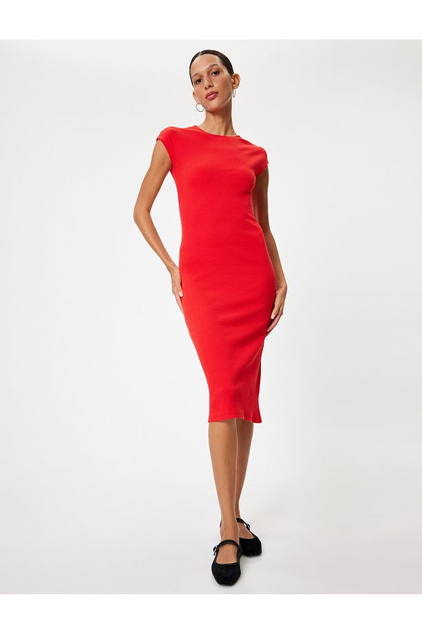 Midi Slip Elbise Bisiklet Yaka Kap Kol Slim Fit - 1