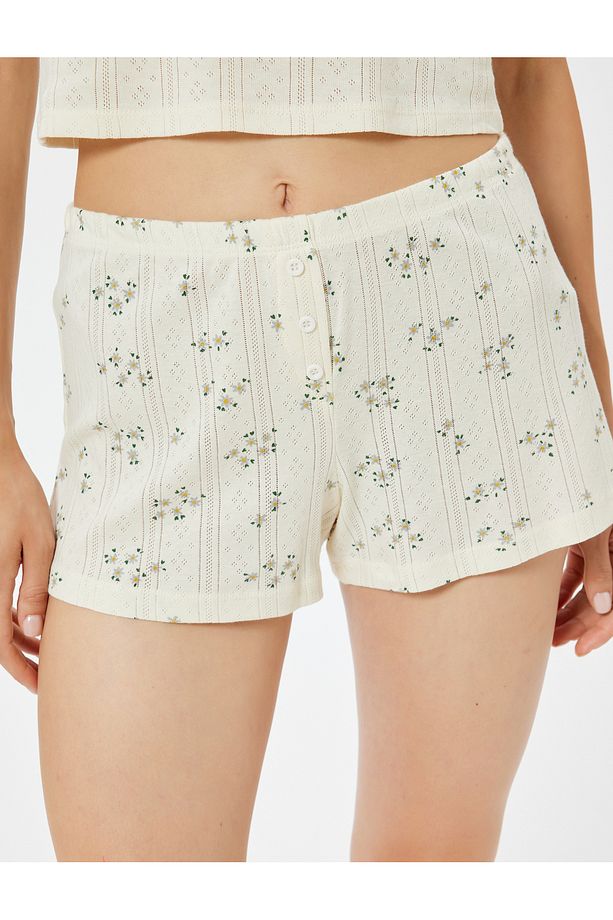 Mini Şort Pijama Altı Çiçekli Düğme Detaylı - 5