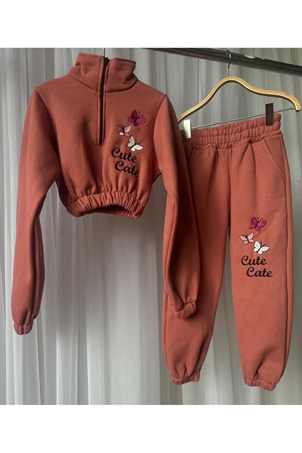 Girls Butterfly Embroidered Crop Tracksuit Set