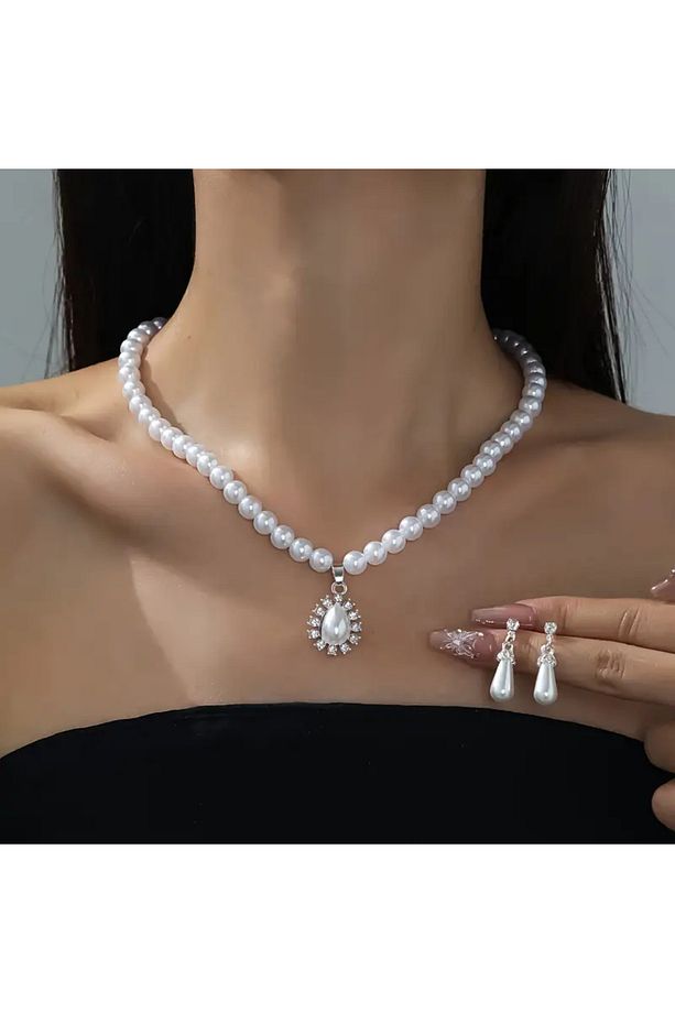 Taşlı İnci Kolye & Küpe Set - 8