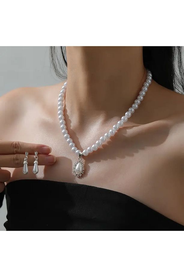 Taşlı İnci Kolye & Küpe Set - 1