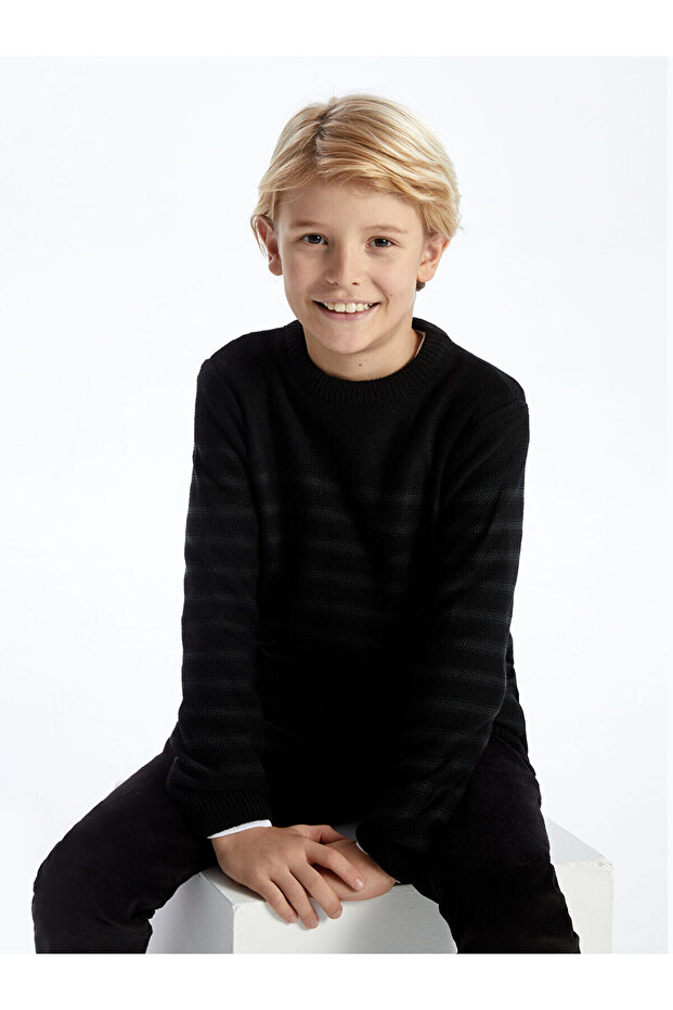 Anthracite Crew Neck Striped Long Sleeve Boys' Knit Sweater