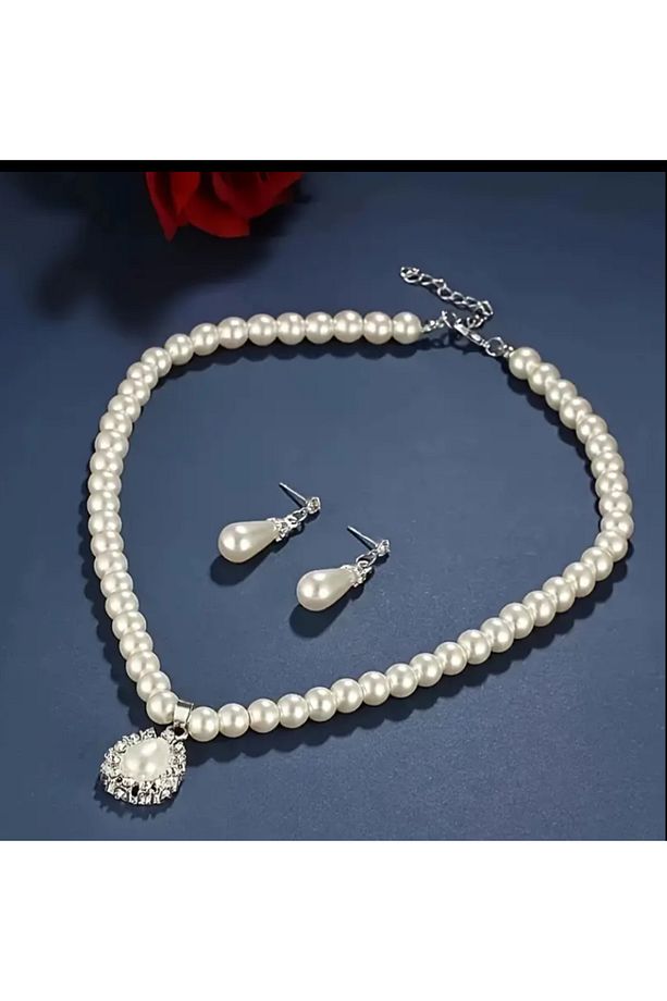 Taşlı İnci Kolye & Küpe Set - 2