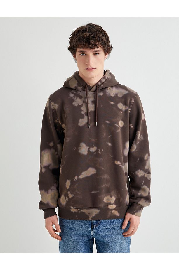 Kapşonlu Sweatshirt Soyut Baskılı Uzun Kollu Şardonlu - 3