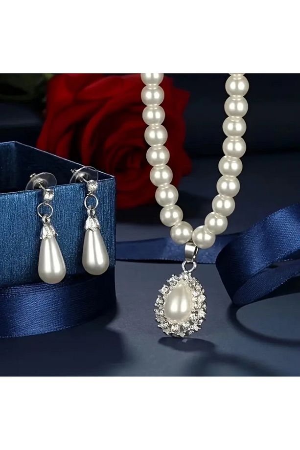 Taşlı İnci Kolye & Küpe Set - 3