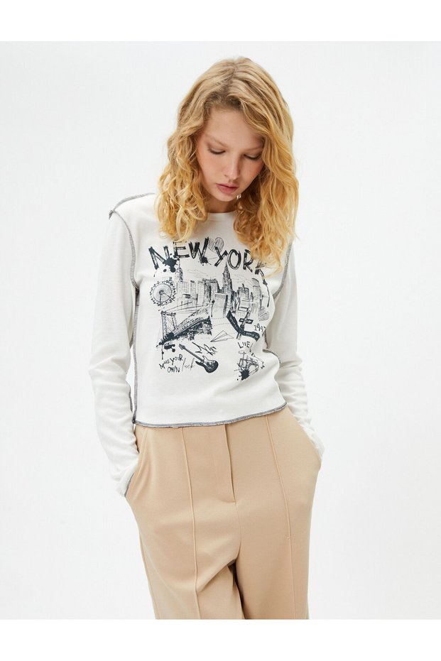 Long Sleeve New York T-Shirt Printed Crew Neck Slim Fit Viscose Fabric Blended