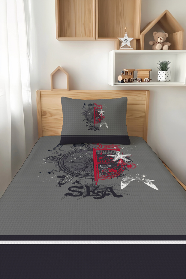 Sailor Patterned Gray Kids Pique Set - Single Tlap-185