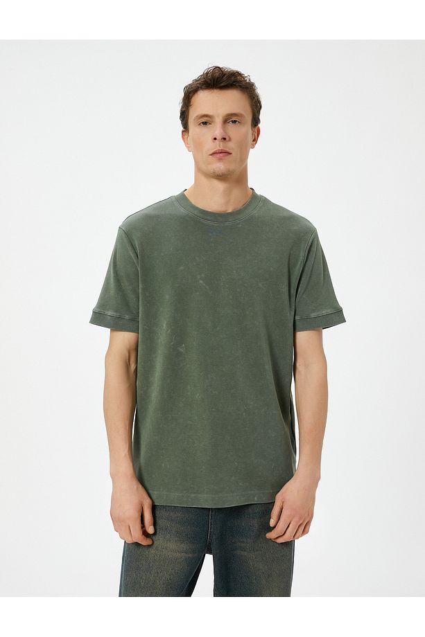 Oversize Yıkamalı Tişört Bisiklet Yaka Kısa Kollu - 3