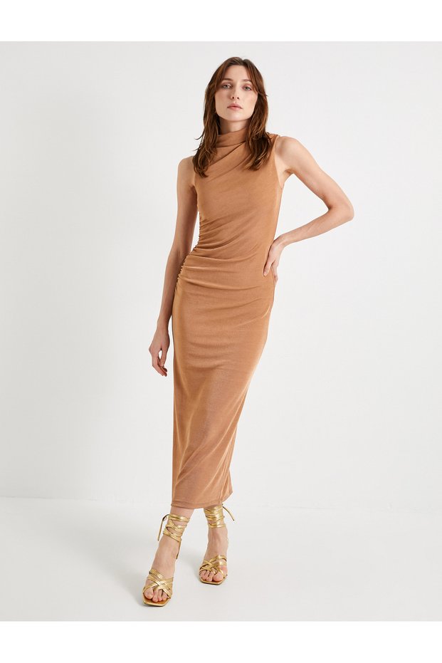 Midi Dress Drape Collar Sleeveless Standard Cut