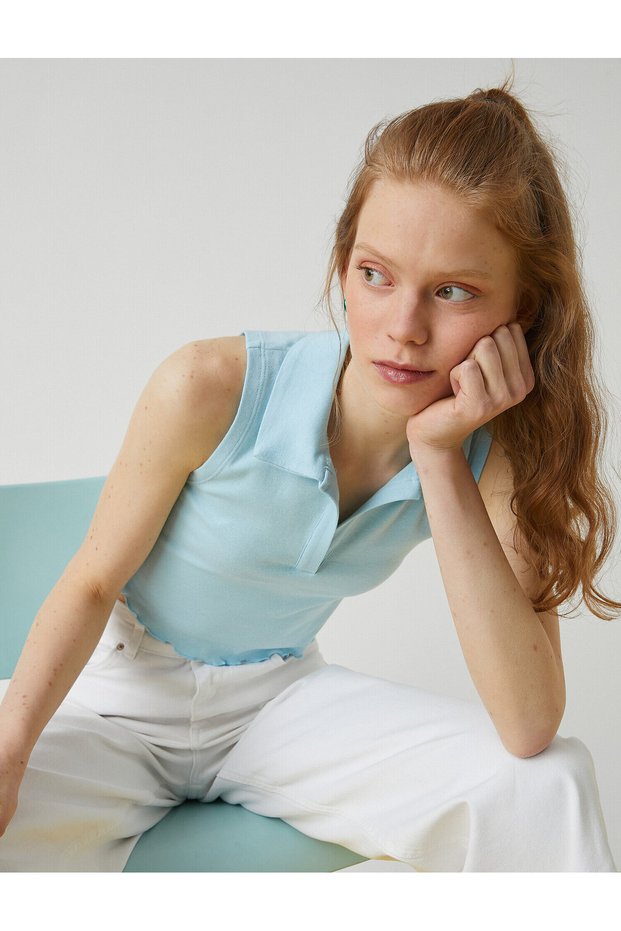 Polo Collar Sleeveless Cotton Cropped Tank Top