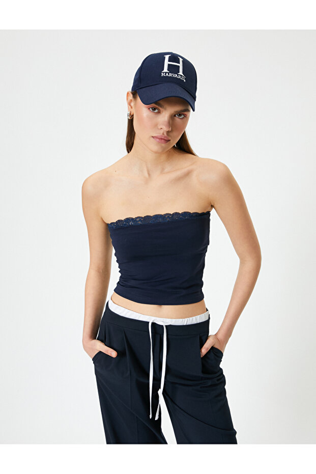 Strapless Crop Top Lace Detailed Cotton