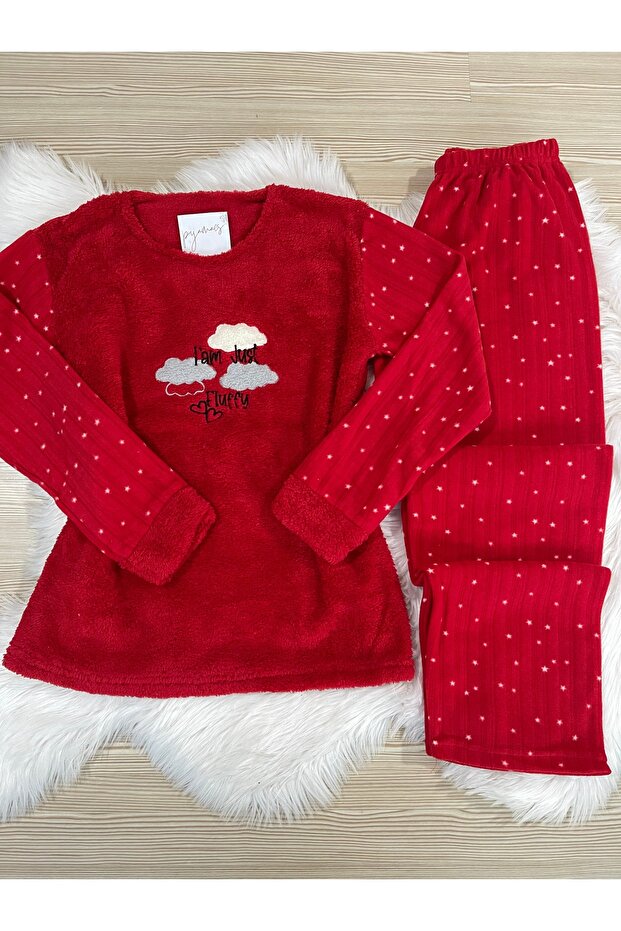 Red Star Patterned Plus Size Fleece Pajamas Set with Plush Detail on the Front - 8