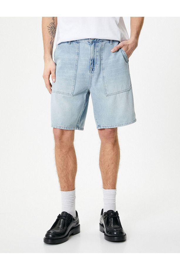 Oversize Kot Şort Bermuda Cepli Dikiş Detaylı Düğmeli - 3
