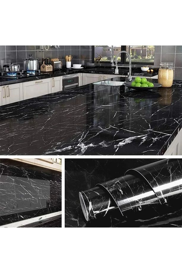 Siyah Yapışkanlı Mermer Görünümlü Masa Tezgah Dolap Mutfak Banyo 5 Metre X 60 Cm Folyo Kağıt Şık - 4