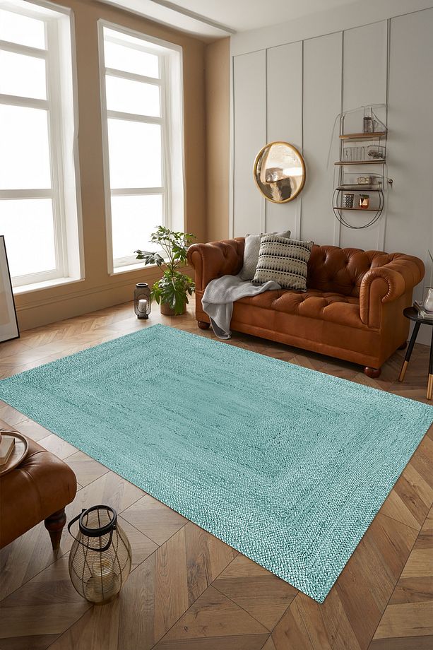 Dijital Kaymaz Taban Jüt Sade Modern Yıkanabilir Yolluk Mutfak Salon Halısı, JÜT-54-MAVİ, - 4