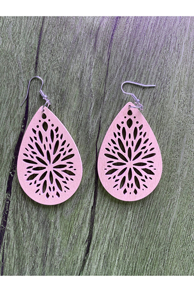 Wooden Carved Dangle Bohemian Pink Earrings