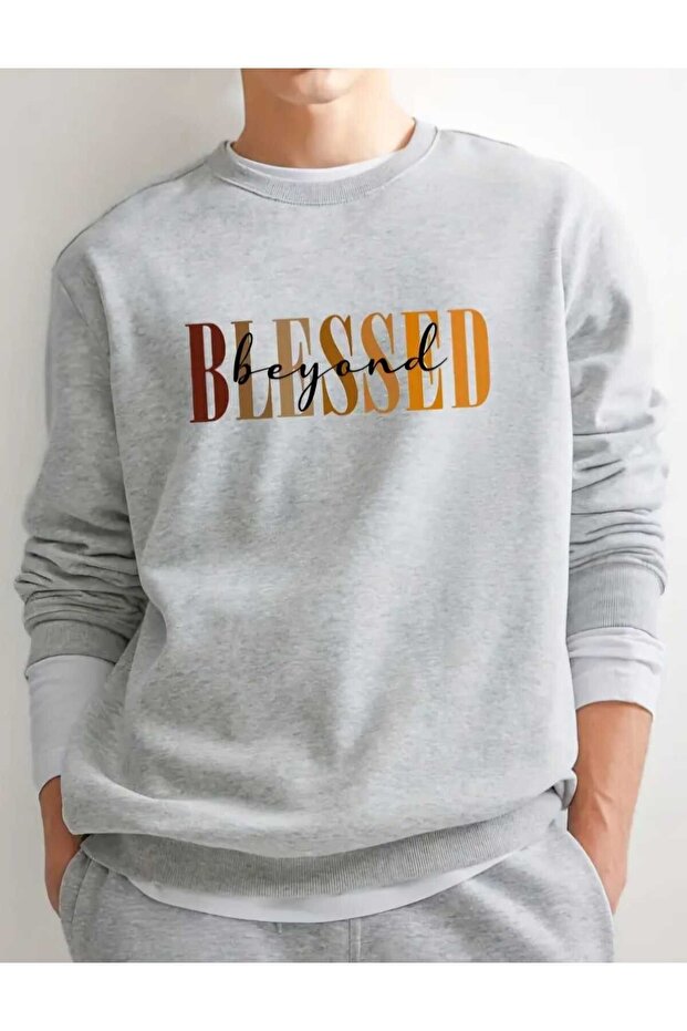 Blessed Blessed Printed Crew Neck Oversize Black White Gray Men's Sweatshirt