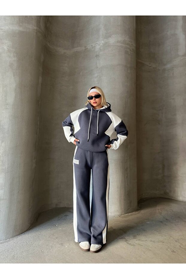 Oversize 3 Thread Rastrian Hooded Garnished Stripe Detail Wide Leg Embroidery Tracksuit Set