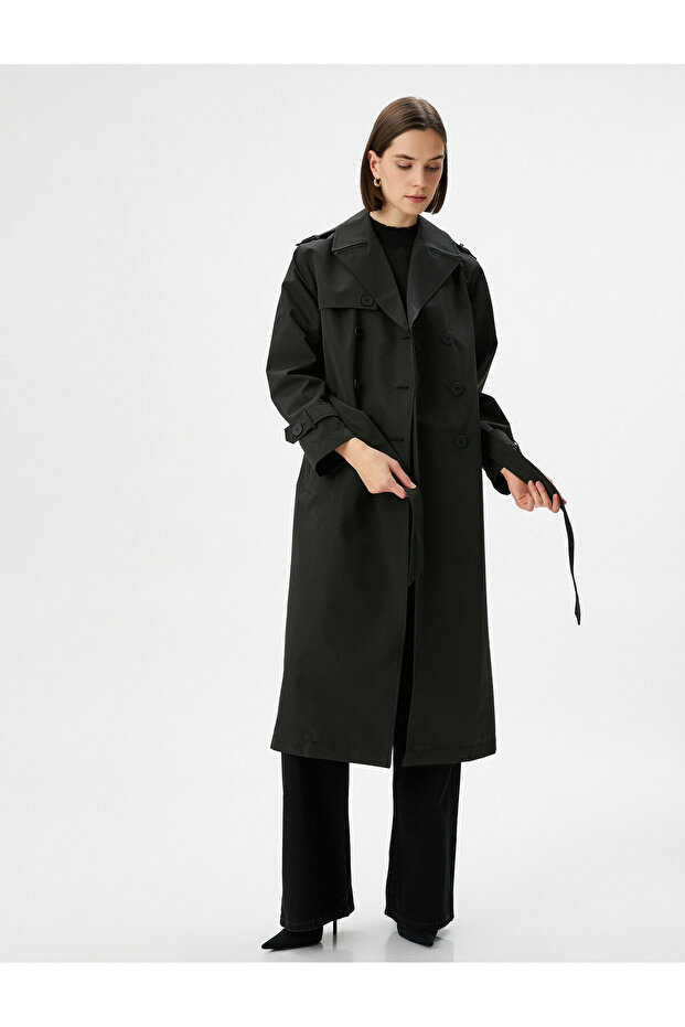 Trench Coat Midi Length Double Breasted Collar Buttoned Pocket Belted
