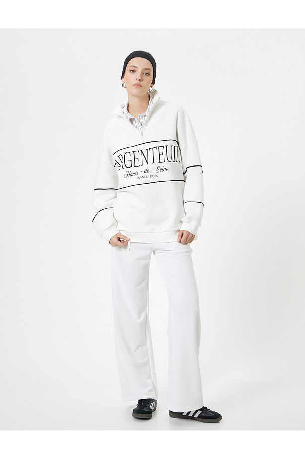 Oversize Sweatshirt Yarım Fermuarlı Dik Yaka Slogan Nakışlı - 2