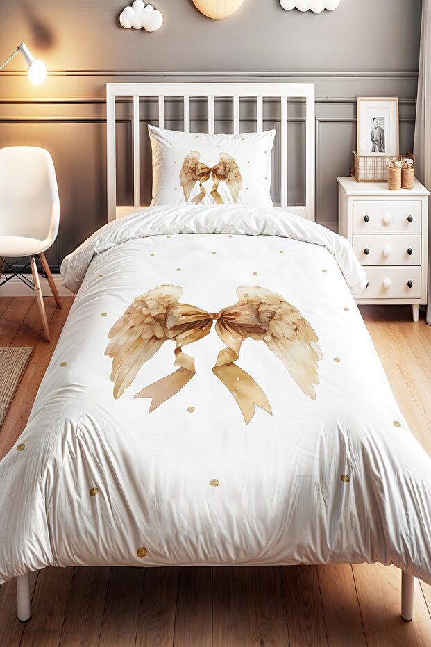 Gold Wings Patterned Single Baby Kids Duvet Cover Set