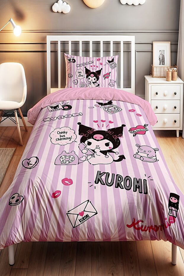 Lilac Striped Kuromi Patterned Single Baby Kids Duvet Cover Set