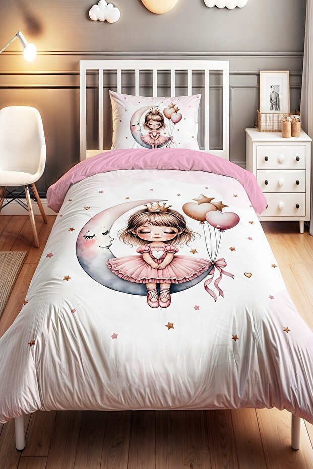 Cute Princess on the Moon Patterned Single Baby Kids Duvet Cover Set