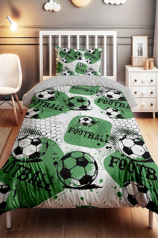 Green Black Football Balls Patterned Single Baby Kids Duvet Cover Set
