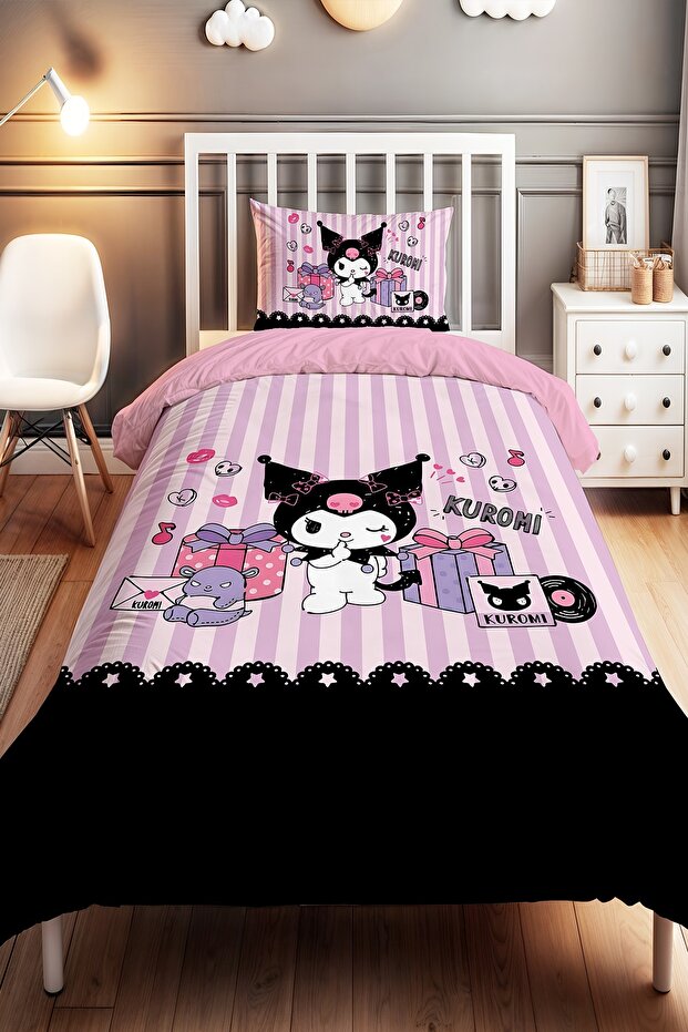Lilac Striped Party Kuromi Patterned Single Baby Kids Duvet Cover Set