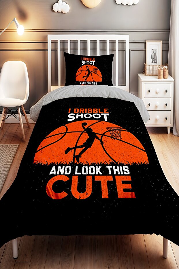 Black Orange Basket Ball Patterned Single Baby Kids Duvet Cover Set