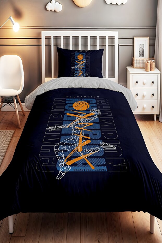 Navy Blue Champion Basketball Player Patterned Single Baby Kids Bedding Set