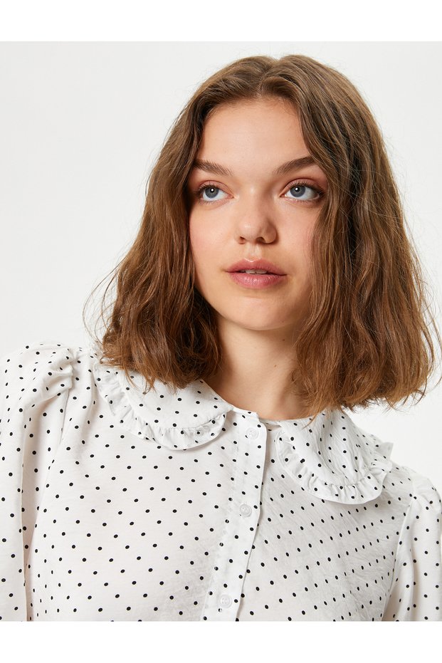 Balloon Sleeve Shirt Polka Dot Baby Collar Buttoned Slim Fit
