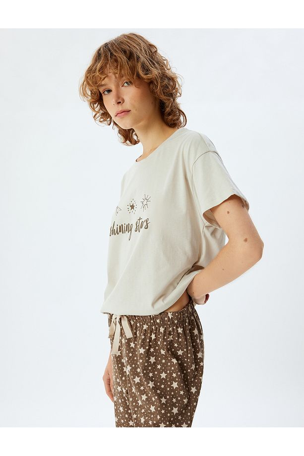 Örgü Pijama Takımı Baskılı Kısa Kollu Tişört ve Alt - 2