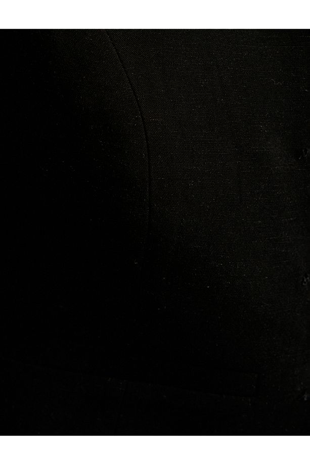 Keten Crop Yelek V Yaka Astarlı Fileto Çift Cepli Düğmeli - 6