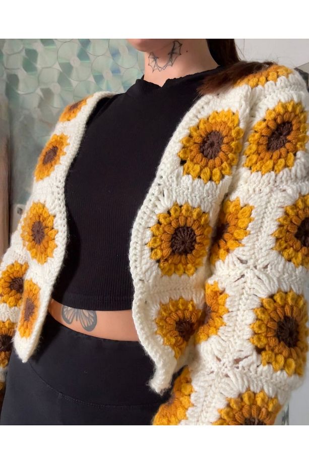 Ayçiçeği Desenli Crochet  Kadın Hırka,  El Örgüsü Hırka, Trend Motif  Hırka - 1