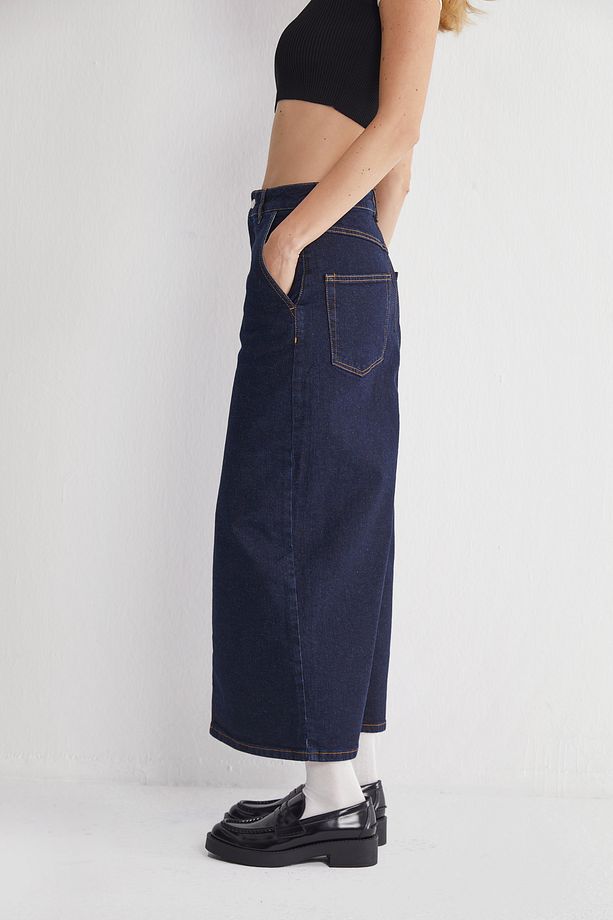 Yüksek Bel Yırtmaçlı Midi Jeans Etek - 3