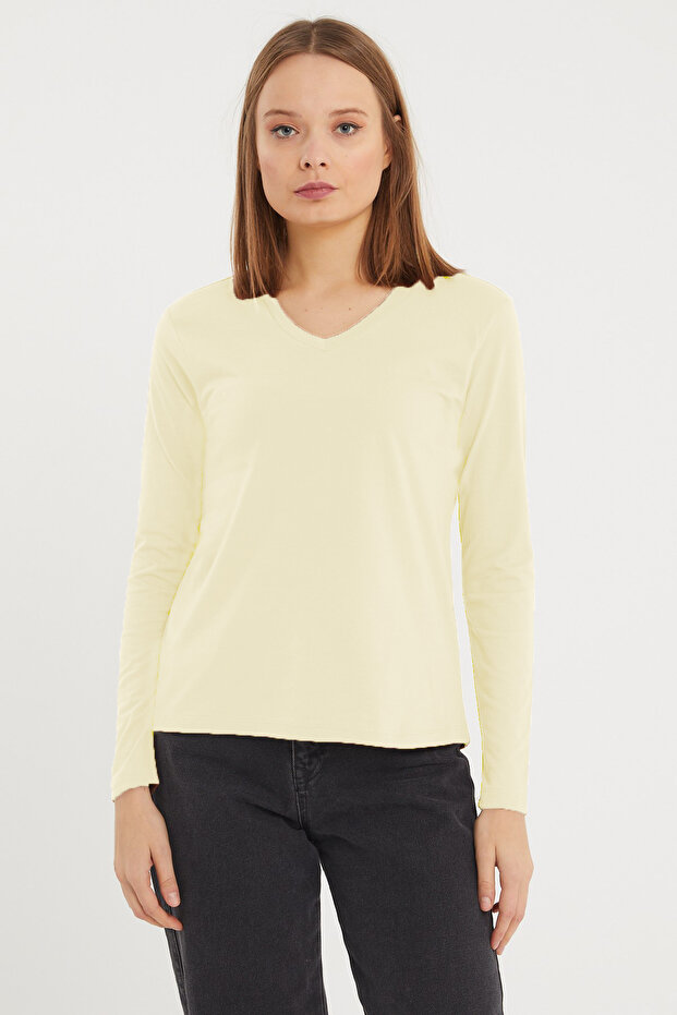 Kadın Uzun Kollu V Yaka Basic Pamuklu Örme Bluz - 2