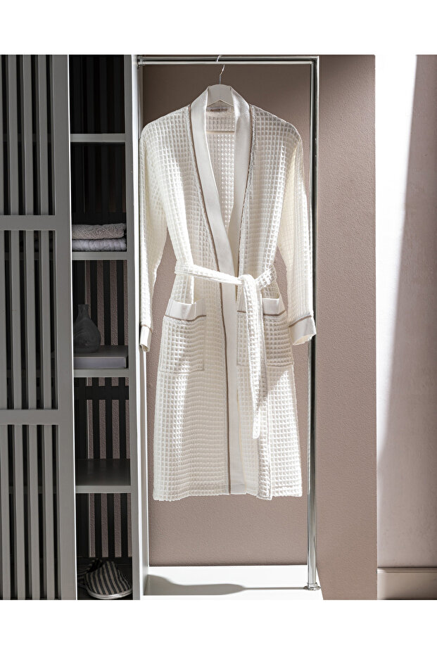 Pathier 100% Cotton Kimono Unisex Bathrobe - White/Beige
