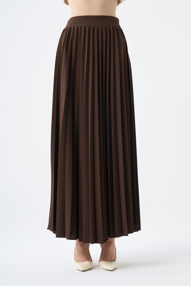 Basic Örme Pliseli Krep Kahve Etek - 2