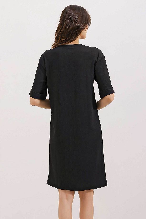 2452 Baskılı Oversize Örme Elbise - Siyah - 4
