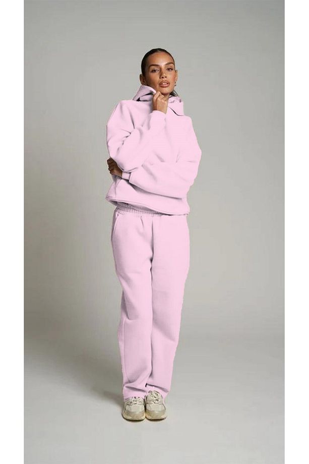 Pembe Kapüşonlu Basic Bel Lastikli Boru Paça Cepli Oversize Eşofman Takımı - 1