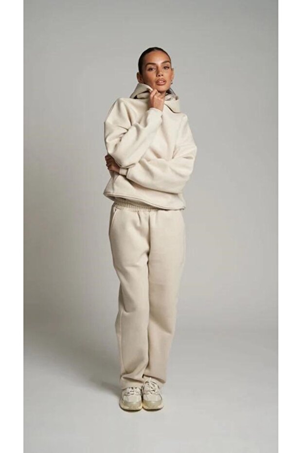 Beige Hooded basic waist elastic pipe leg pocket Oversized tracksuit set